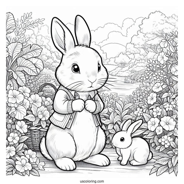 Detailed Peter Rabbit Coloring Page In The Garden For Kids