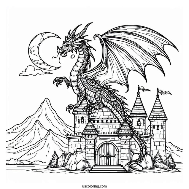 Dragon On Top Of Medieval Castle To Color