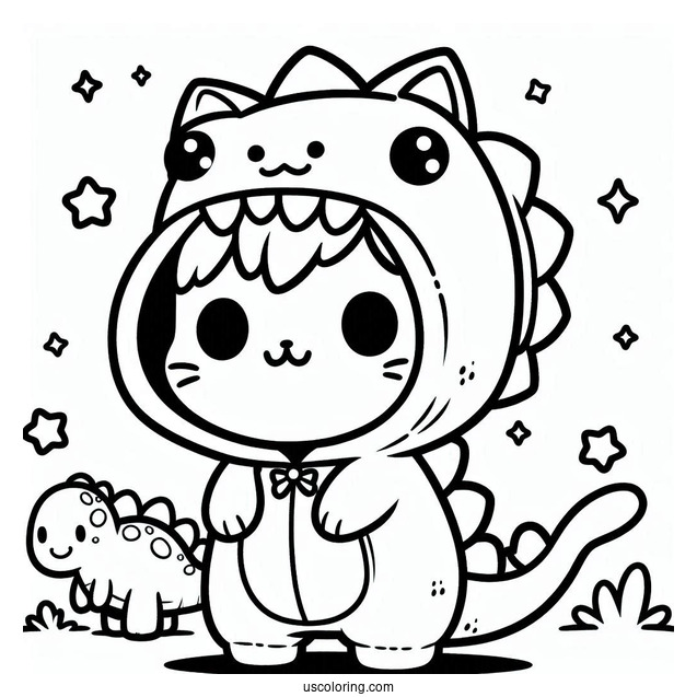 Kawaii Cat In A Dinosaur Onesie Coloring Sheet