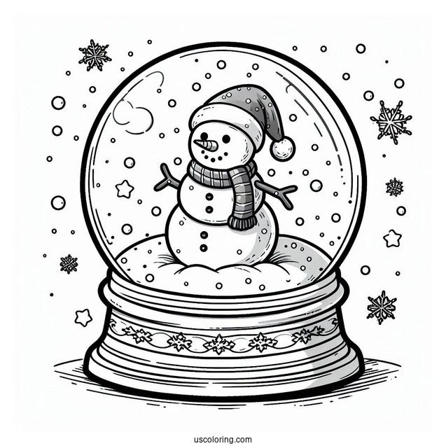 Snow Globe Coloring Page With A Snowman Wearing A Santa Hat
