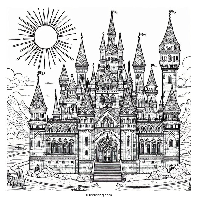 Massive Detailed Castle Coloring Page With The Sun In Background