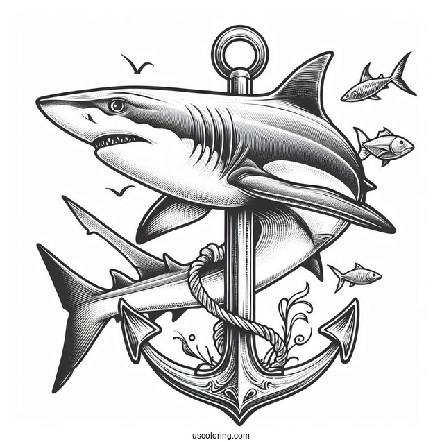 Realistic Hammerhead Shark Coloring Page With Anchor