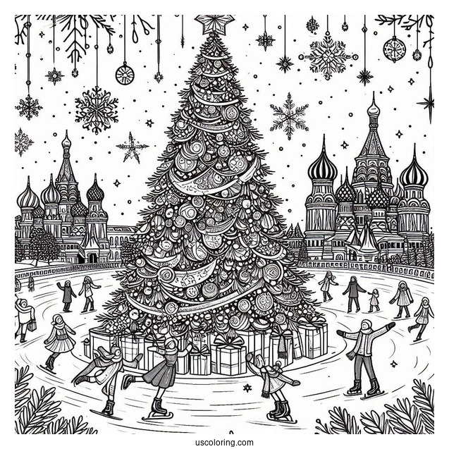 Christmas Coloring Pages For Adults Of Giant Christmas Tree In The City With Ice Skaters