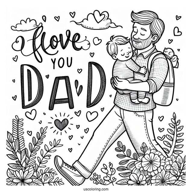 Father's Day Coloring Page Of I Love You Dad Words Over Father Carrying His Baby
