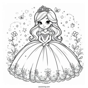 Cartoon Princess Coloring Page In Ball Gown