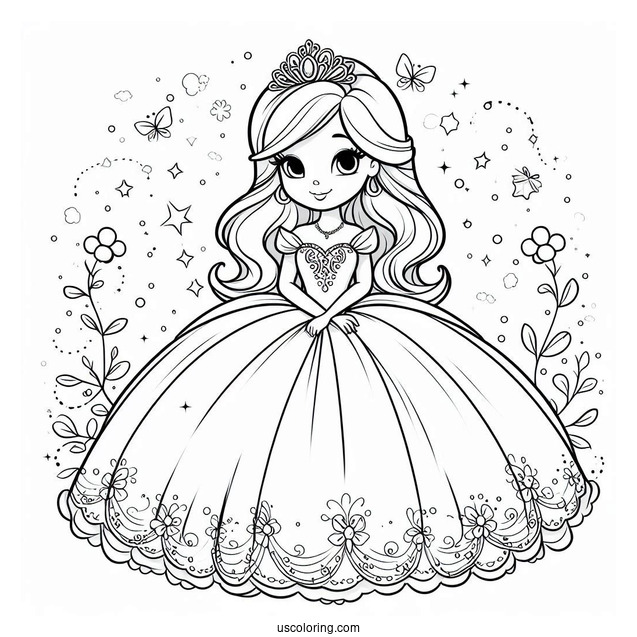 Cartoon Princess Coloring Page In Ball Gown