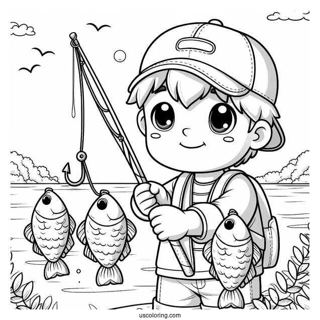 Fishing Coloring Page Of Boy Holding Up Fish With A Hook For Preschoolers