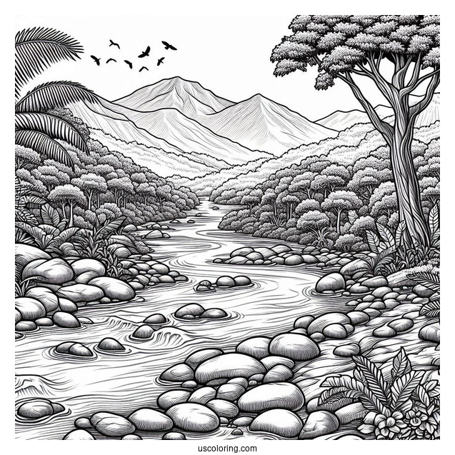Detailed River And Rocky Terrain Of Jungle Coloring Page