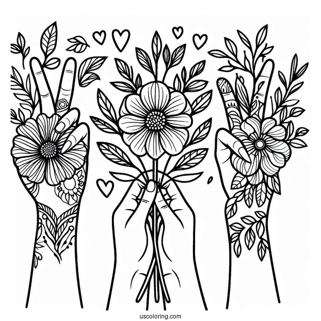 Easy Hands Holding Up A Floral Peace Coloring Page