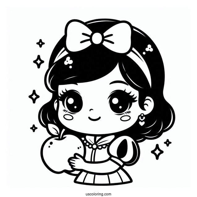 Cute Chibi Snow White Coloring Pages Of Holding Up An Apple For Kids