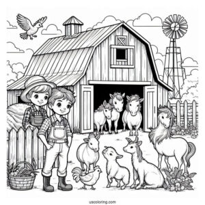 Farmer Boy With Animals Next To Barn