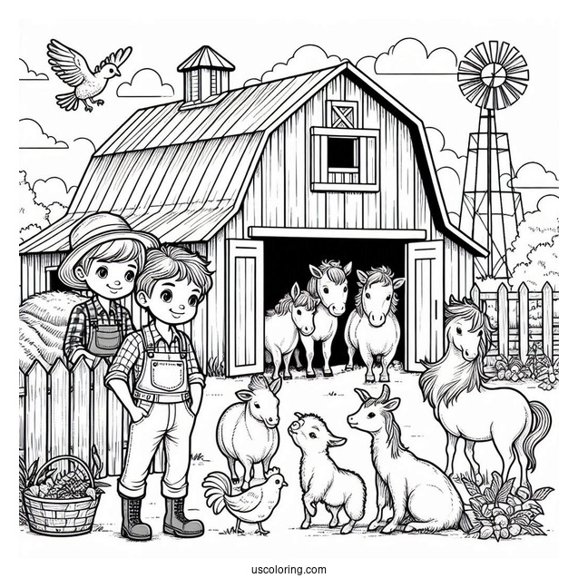 Farmer Boy With Animals Next To Barn