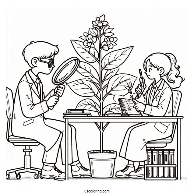 Science Coloring Page Of Scientist Studying A Plant With A Magnifying Glass