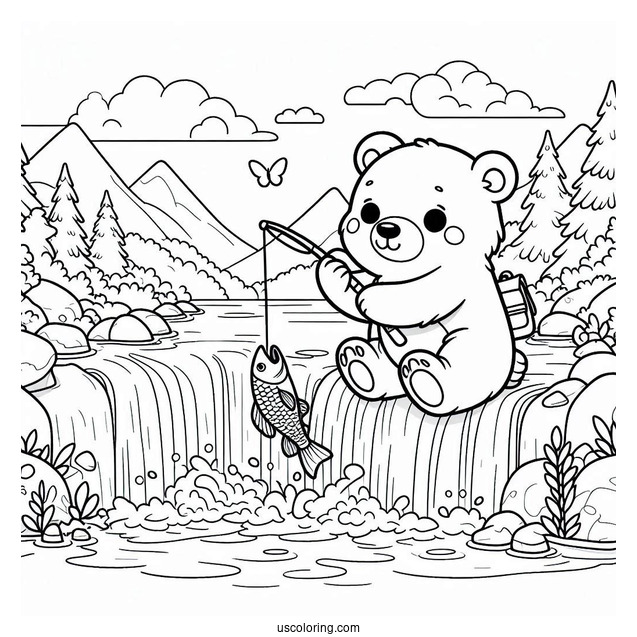 Simple Bear Coloring Page Catching Fish In Waterfalls