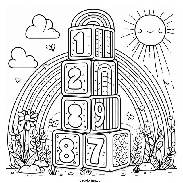 Tall Numberblocks Coloring Page 7 With Rainbows