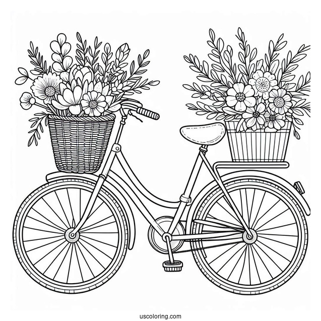 Cute Bicycle Coloring Page With Basket Full Of Flowers For Kids