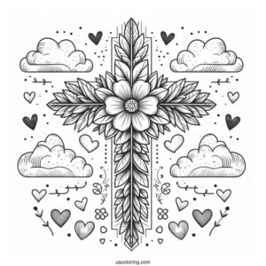 Floral Cross Coloring Page With Clouds In The Sky And Love Hearts