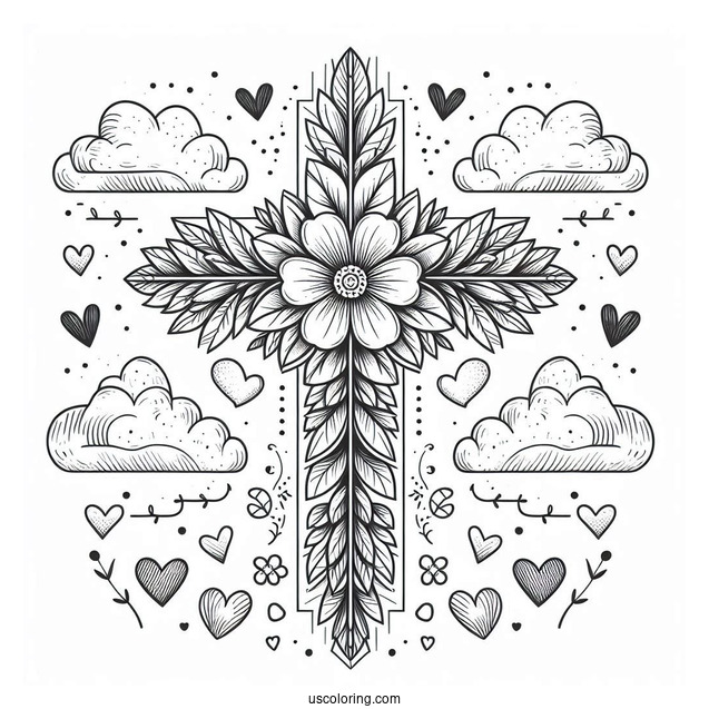 Floral Cross Coloring Page With Clouds In The Sky And Love Hearts