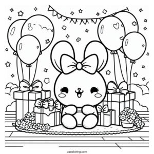 Pochacco Coloring Page Sitting On Floor With Birthday Presents And Balloons
