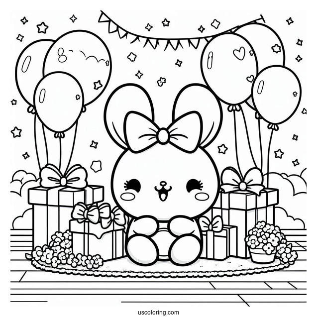 Pochacco Coloring Page Sitting On Floor With Birthday Presents And Balloons