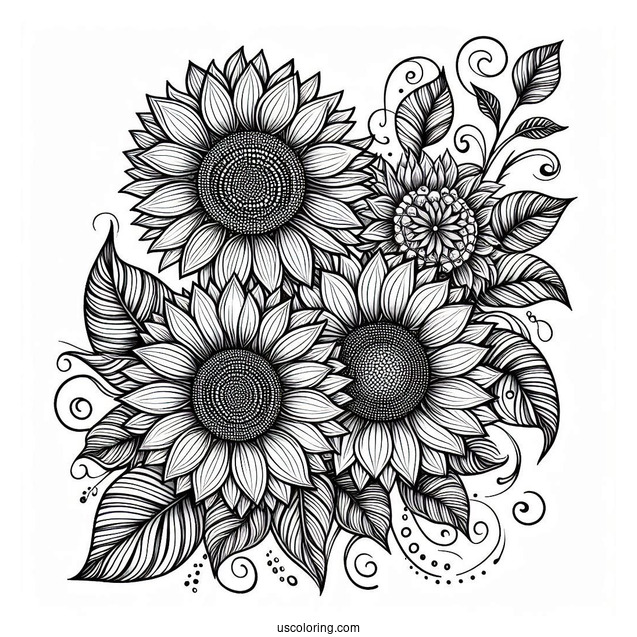 Detailed Adult Coloring Page Of Sunflowers
