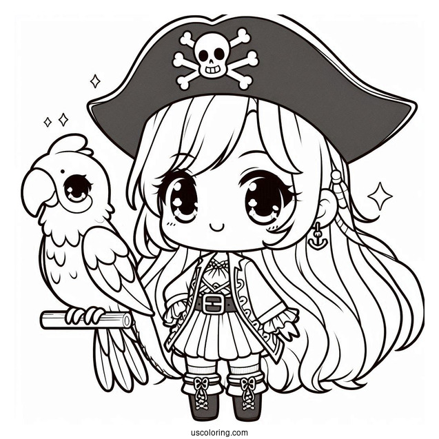 Kawaii Female Pirate Coloring Page With A Parrot For Preschoolers