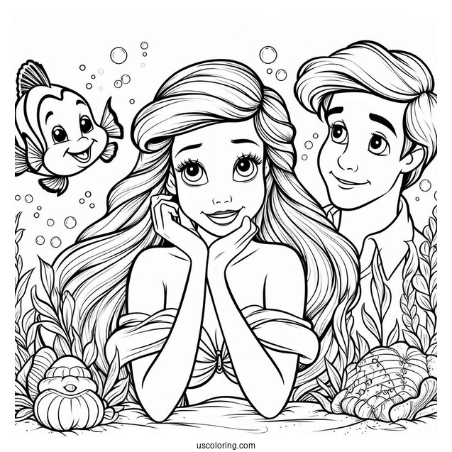 Ariel With Sebastian And Flounders Coloring Sheet