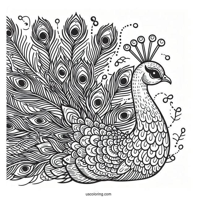 Side Profile Of Peacock Coloring Page With Fanned Feathers