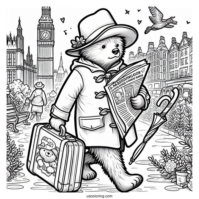 Paddington Coloring Page Rushing In London With His Newspaper, Umbrella, And Suitcase