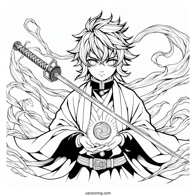 Powerful Tanjiro Coloring Page Summoning Constant Flux With Nichirin Sword