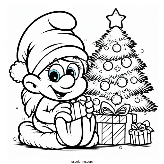 Santa Smurf Beside Christmas Tree Coloring In