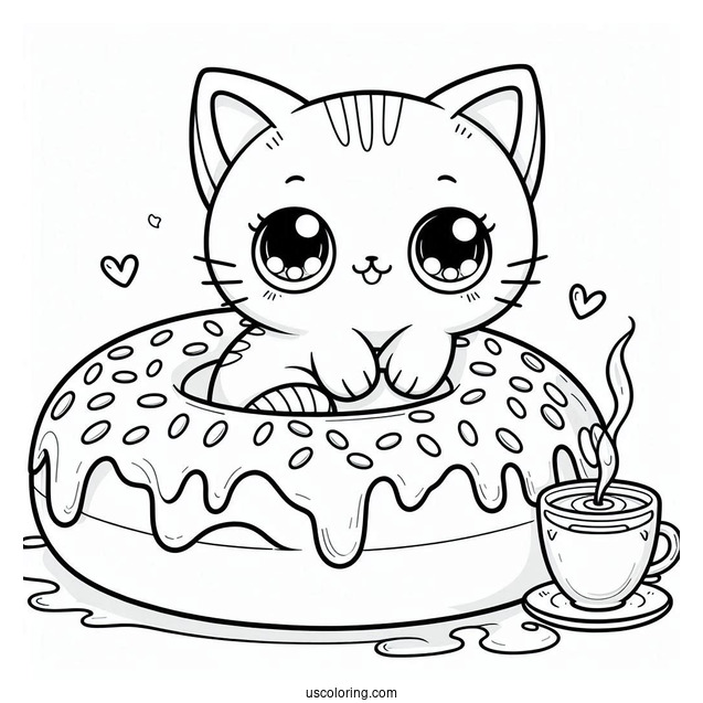 Cute Coloring Page Adorable Cat With A Giant Donut