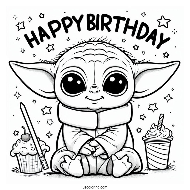 Happy Birthday Baby Yoda Coloring Page