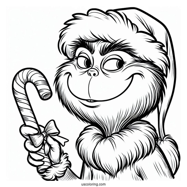 Grinch Holding A Candy Cane Coloring Page On Christmas Day