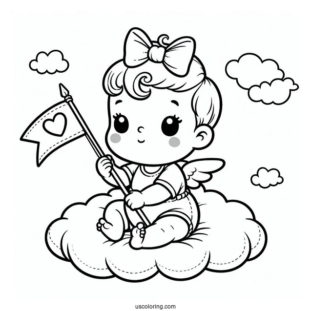 Baby Coloring Page Sitting On A Cloud Holding A Flag