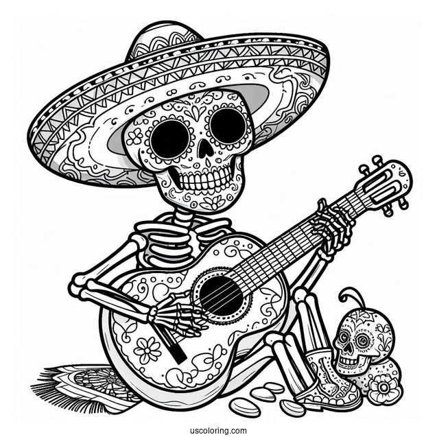 Sugar Skulls Coloring Page Of Skeleton Wearing Sombrero And Playing The Guitar