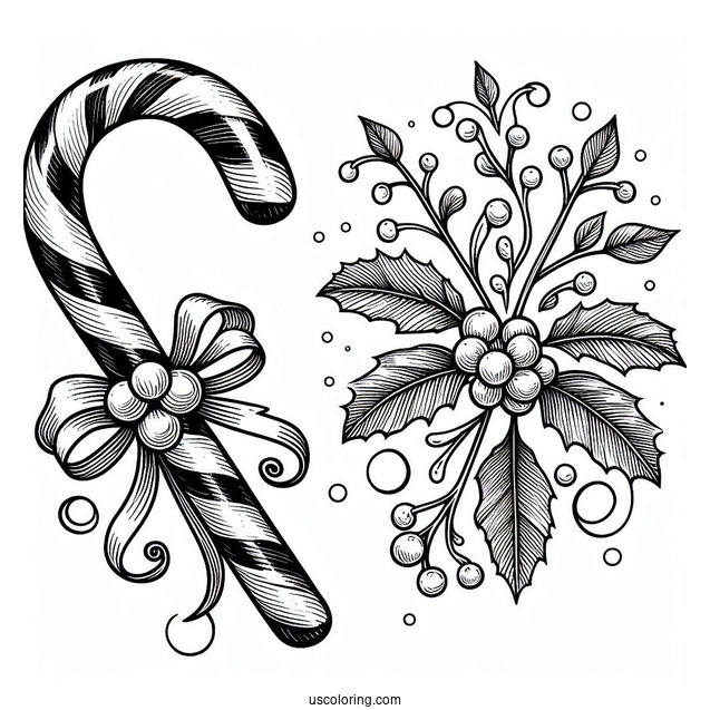 Candy Cane With Mistletoe Coloring Sheet
