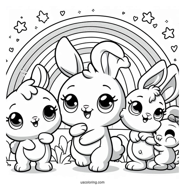 Sunny Bunnies Coloring Page Of Big Boo, Iris, Turbo, Shiny, And Hopper On A Rainbow