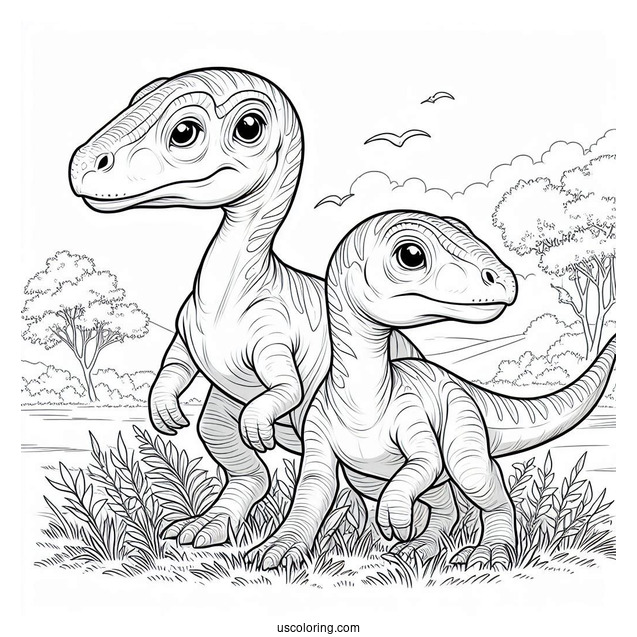 Two Young Parasaurolophus Coloring Page On A Field