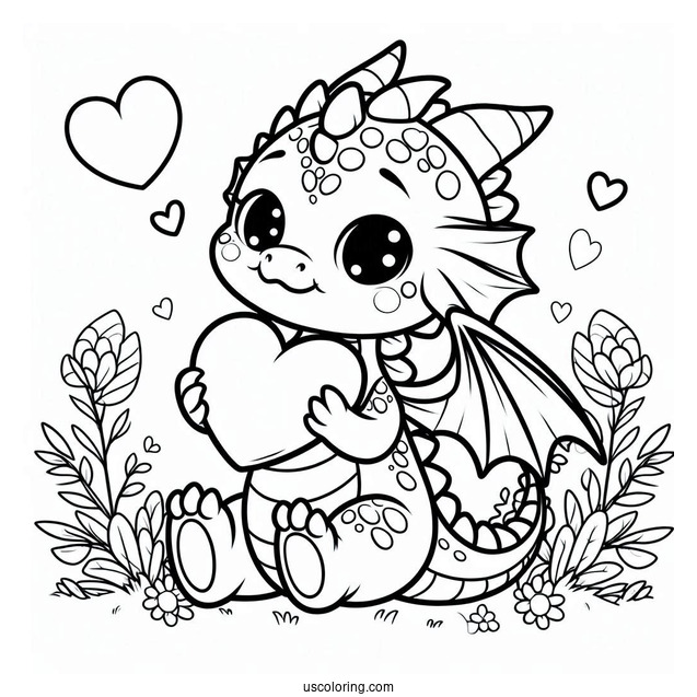 Adorable Little Dragon Hugging A Love Heart Coloring Page For Kids