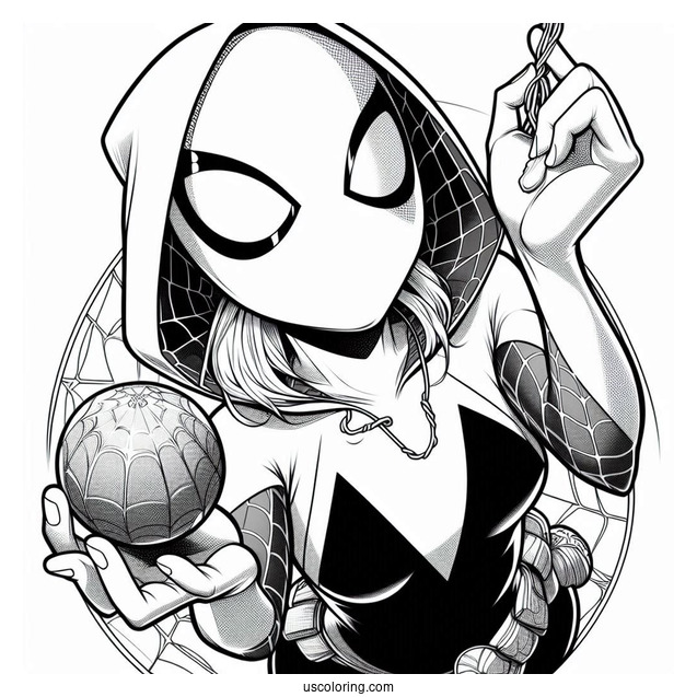 Detailed Spider-Gwen Coloring Page Holding Spider Gwen In Mid Air