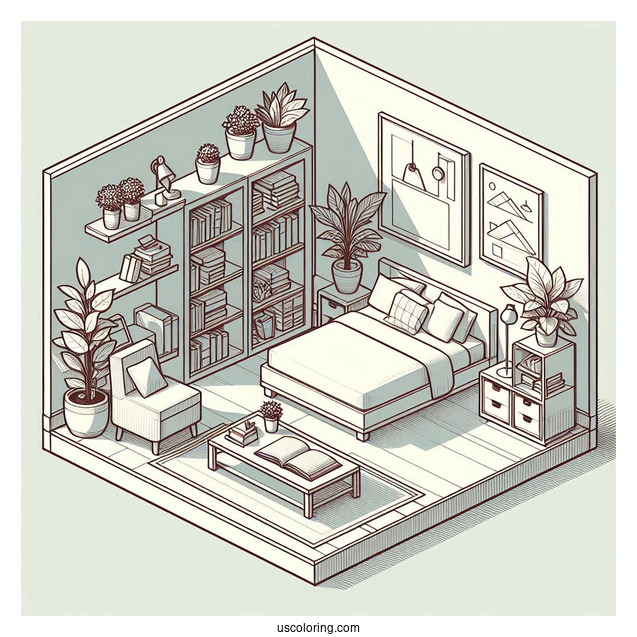 Isometric Bedroom Coloring Page With Bookshelves, Coffee Table, And Plants