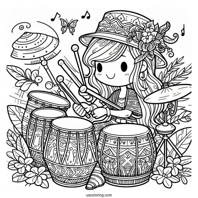 Music Coloring Page Of Cartoon Female Drummer