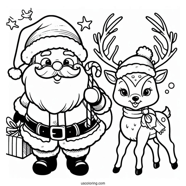 Easy Santa And His Reindeer To Color For Preschoolers
