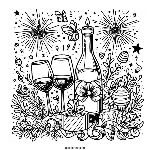 New Year Coloring Page Of Wine Bottle And Glasses