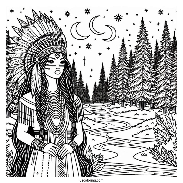 Native American Coloring Page Woman Standing In The Forest