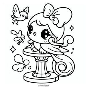 Kawaii My Melody Coloring Page Watching Bird