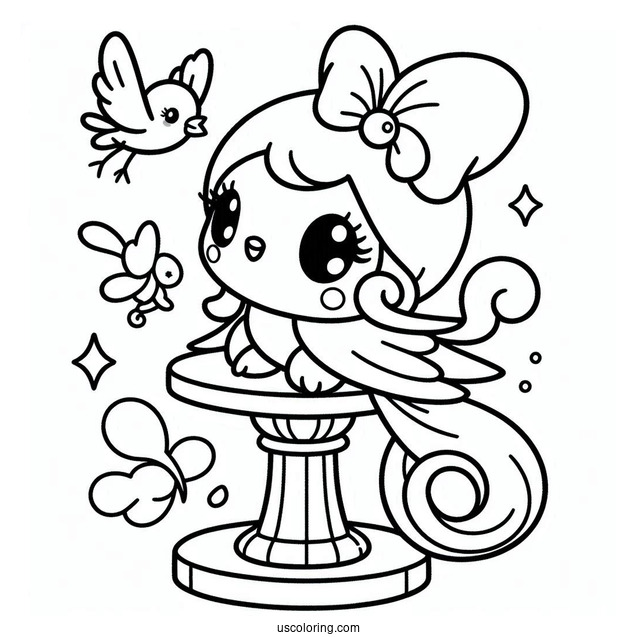 Kawaii My Melody Coloring Page Watching Bird