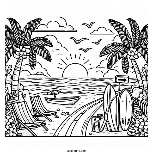 Summer Coloring Page Of Beach Scene With Road Sign, Palm Trees, And Surf Board
