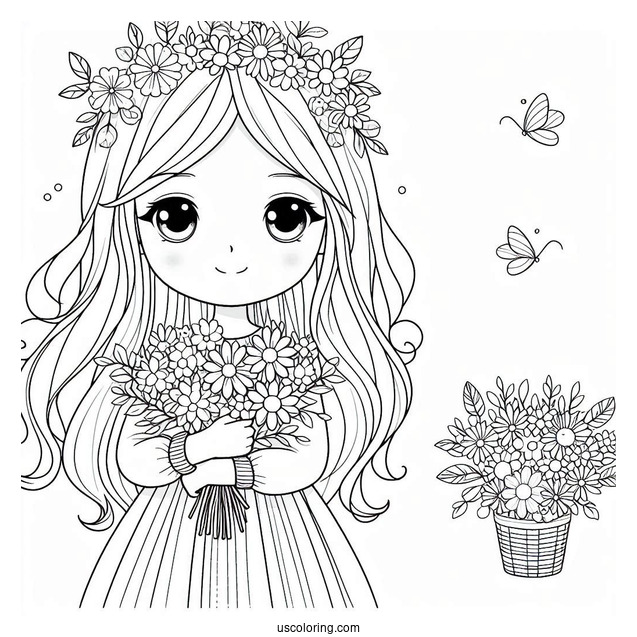 Pretty Little Girl Holding A Flower Bouquet In Spring Coloring Page For Kids